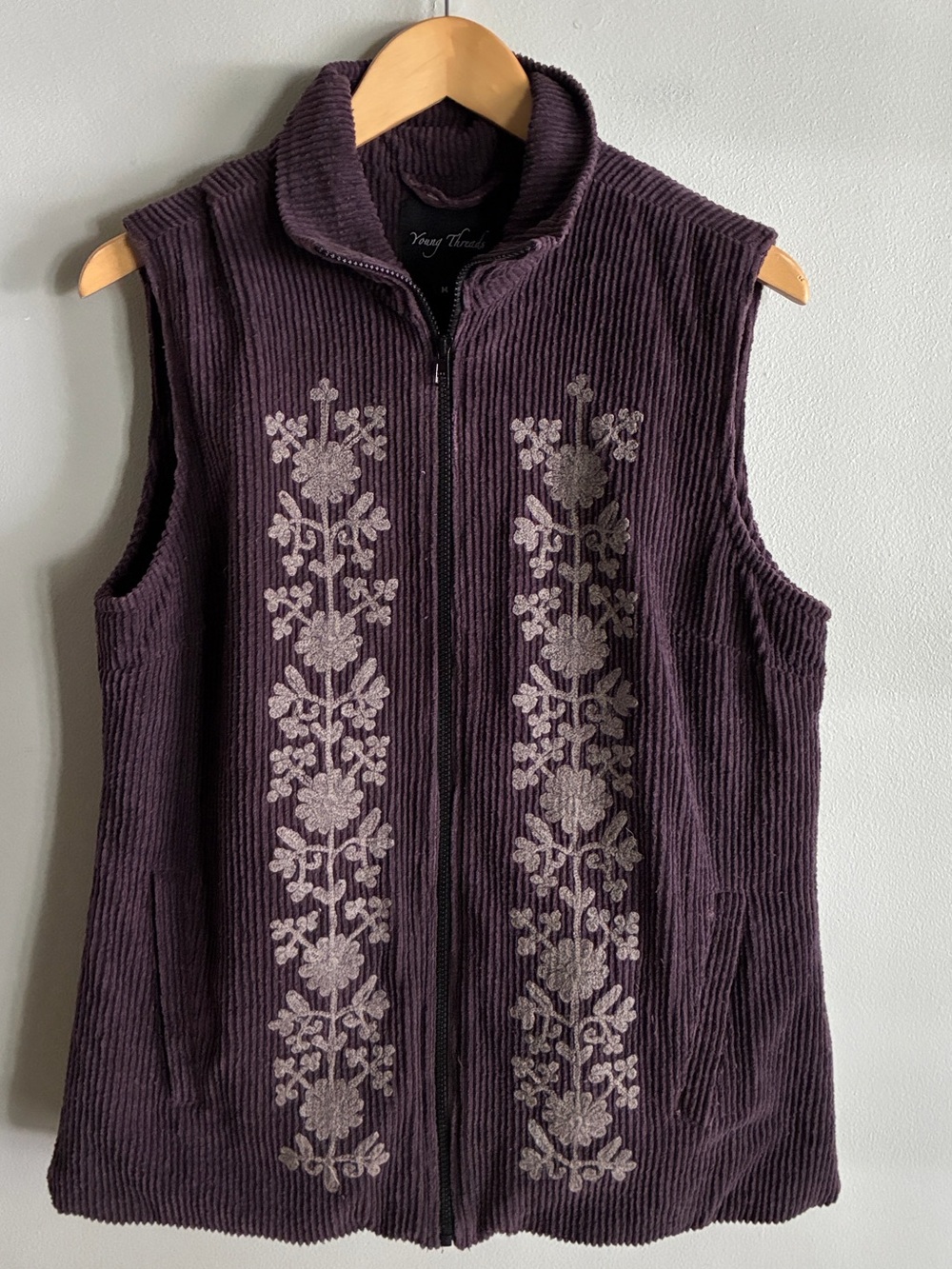 Young Threads Purple Corduroy Vest M Embroidered Boho Folk Quilted Zip